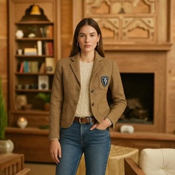 ABERCROMBIE & FITCH Brown Tweed Wool Cropped Fitted Blazer XS Dark Academia - Picture 1 of 12